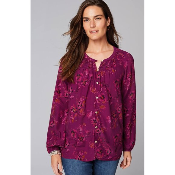 J. Jill Smocked Neck Floral Button Shirt Purple Rayon XS Small Tall NWT - Picture 2 of 5